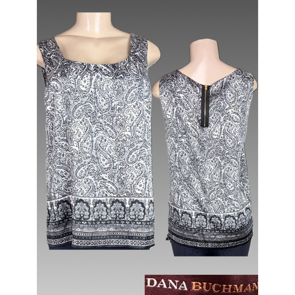 Dana Buchman L Black Gray Paisley Sleeveless Blouse Square Neckline Satin Finish